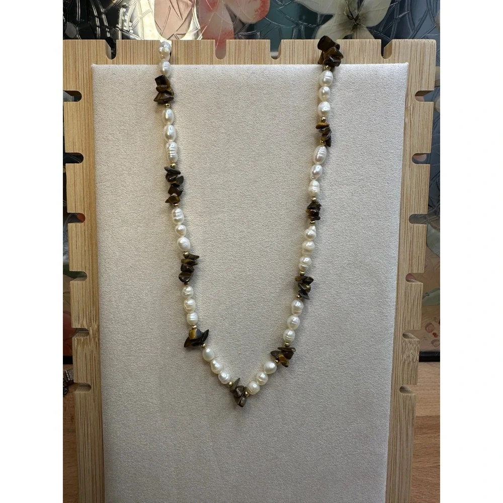 Women Necklace White Brown Freshwater Baroque Pearl Tiger Eye Boho Earthy